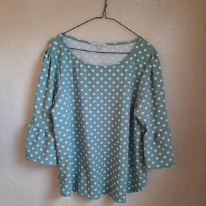 Green Envelope mint green blouse with white polka dots and bell sleeves